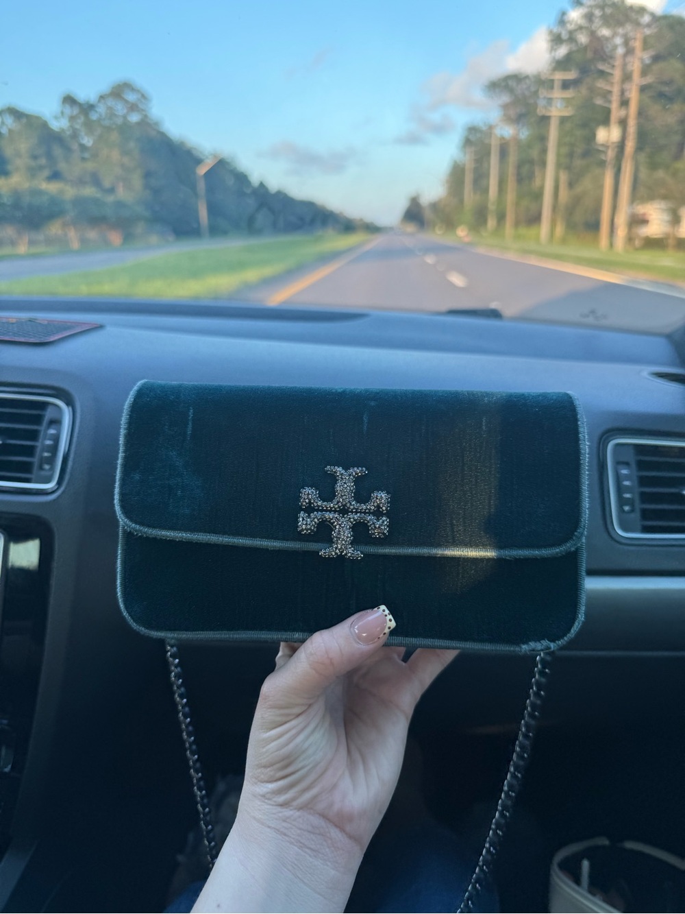 Tory Burch Emerald Velvet Logo Chain Crossbody